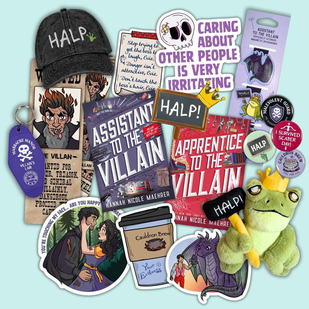 Collage of merch featuring Assistant to the Villain characters and quotes around the series' book covers