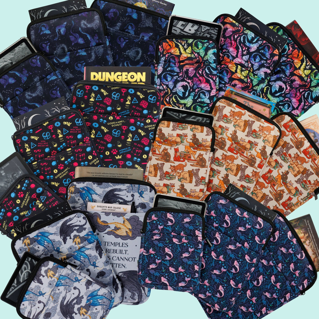 Collection of book sleeves with colorful, bookish patterns