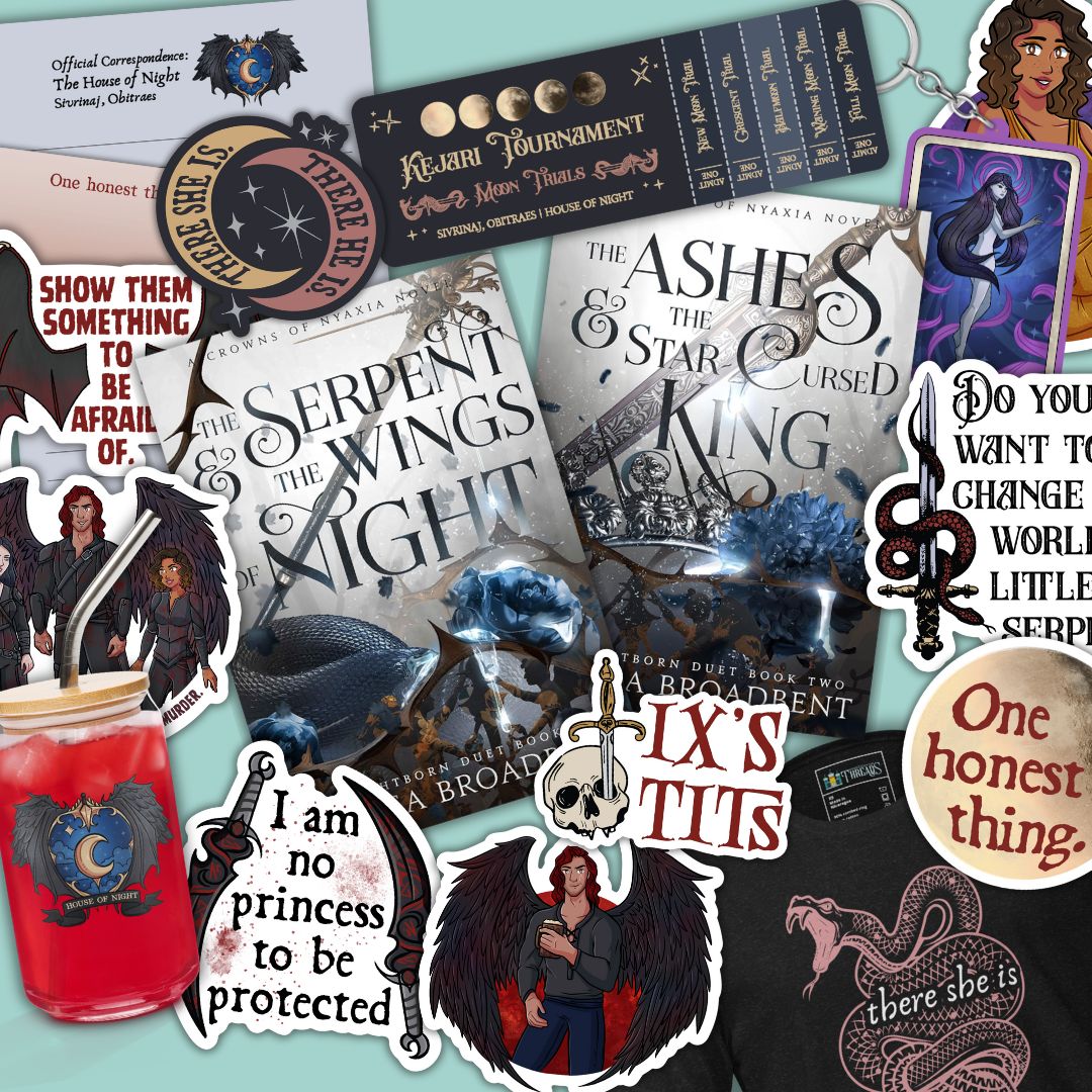 Collage of stickers, stationery, and other merch featuring characters and quotes from Crowns of Nyaxia, surrounding the book covers