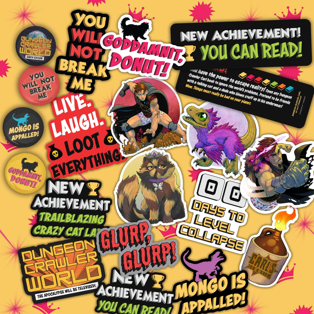 Stickers and other merch featuring characters and quotes from Dungeon Crawler Carl by Matt Dinniman