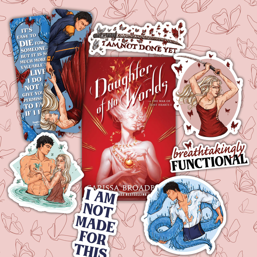 Stickers and a bookmark featuring artwork of characters and quotes from Daughter of No Worlds, surrounding the book cover