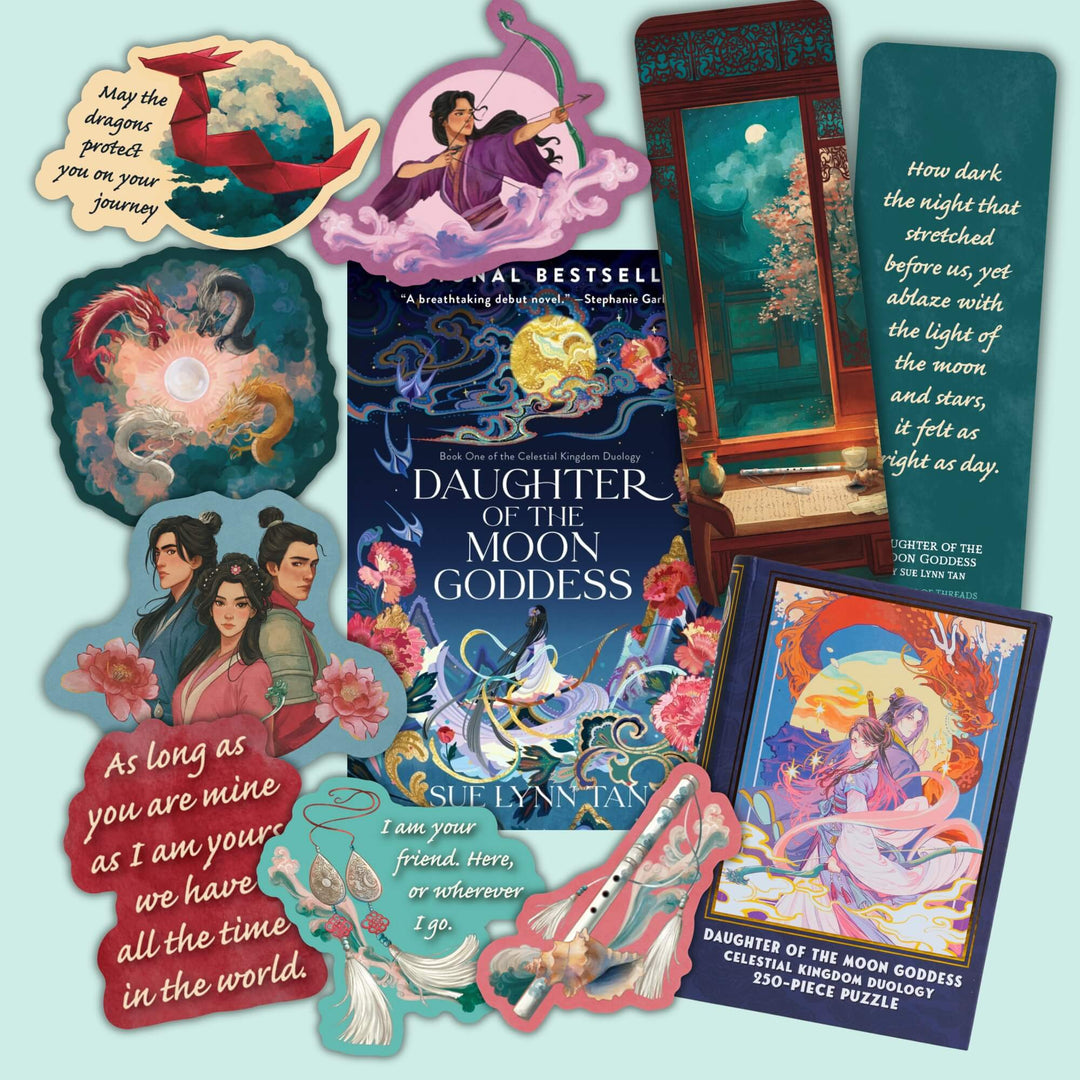 Collage of stickers and bookmarks featuring art of characters and quotes from Daughter of the Moon Goddess, surrounding the book cover.
