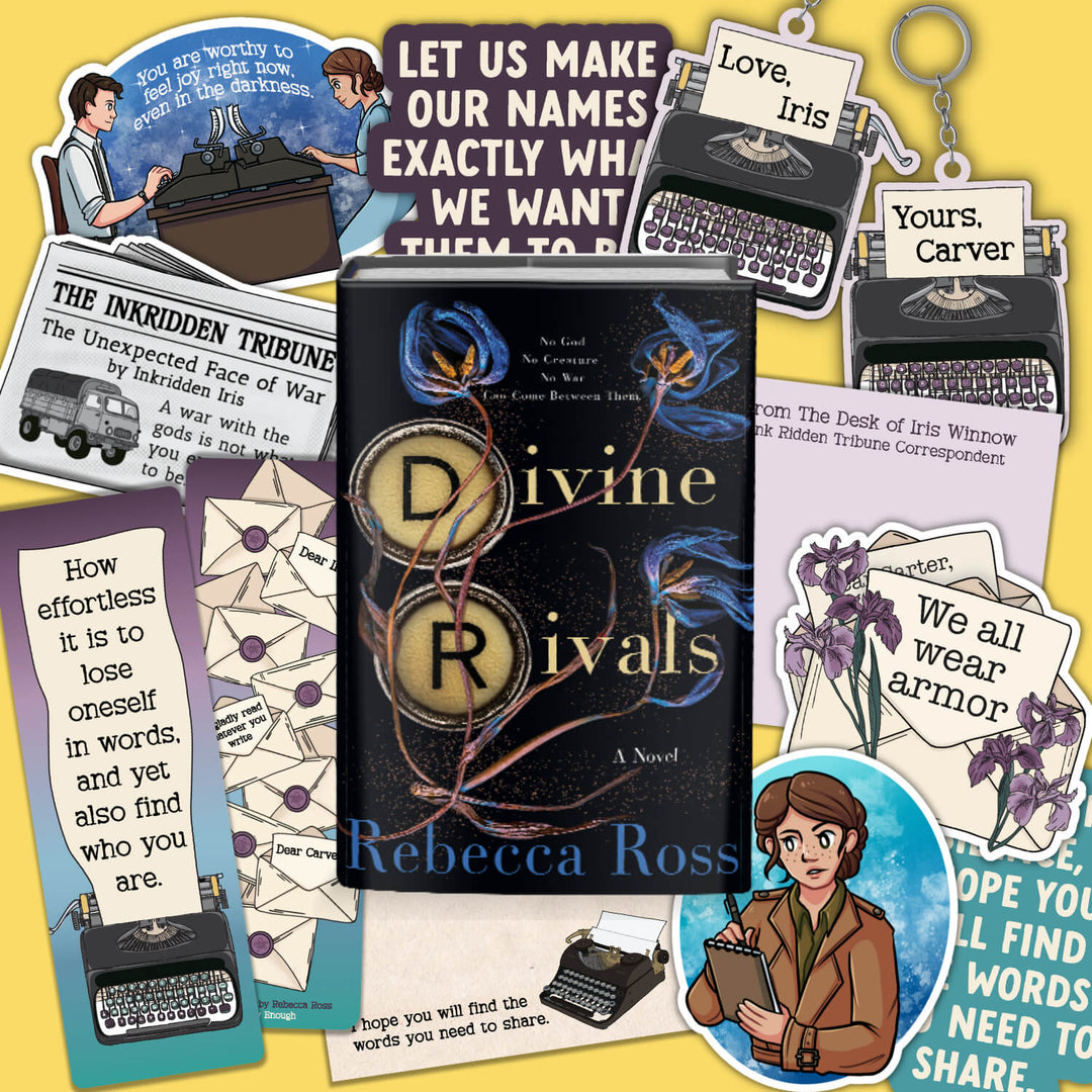 Collage of stickers and other merch featuring characters and quotes from Divine Rivals by Rebecca Ross.