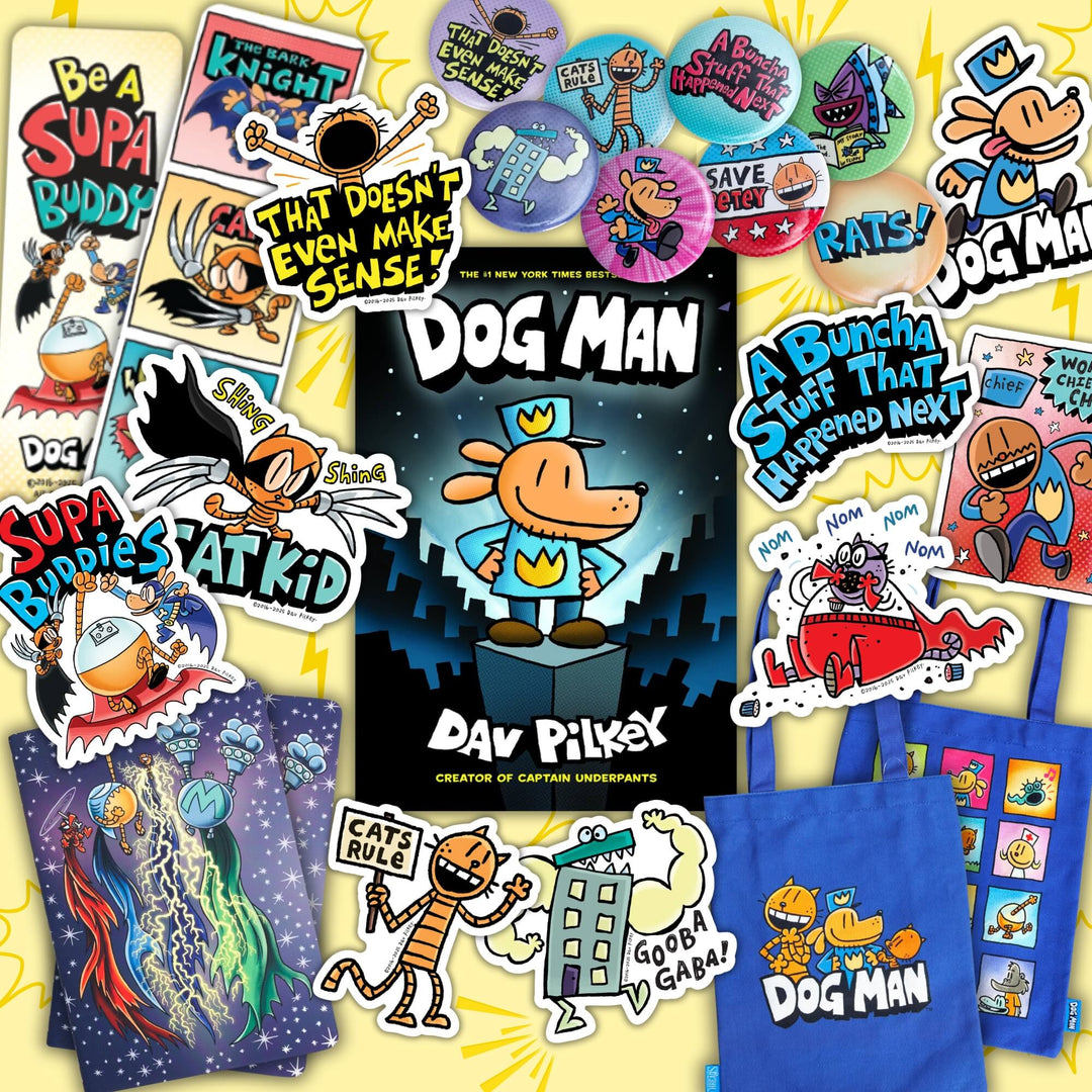 Collage of stickers and accessories featuring art and quotes from Dog Man, surrounding the book cover