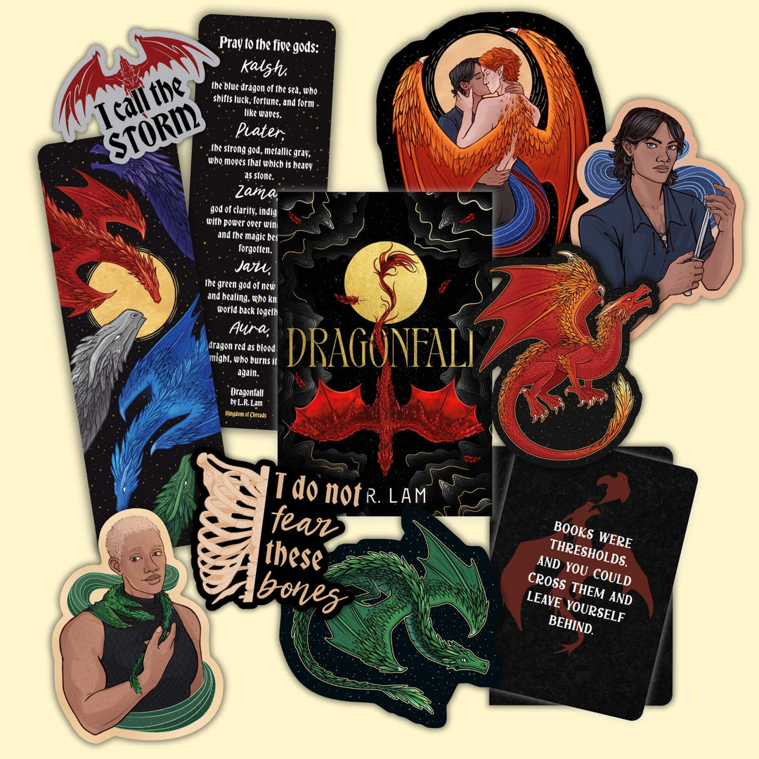 Stickers and bookmarks featuring artwork of characters and quotes from Dragonfall, surrounding the book cover.