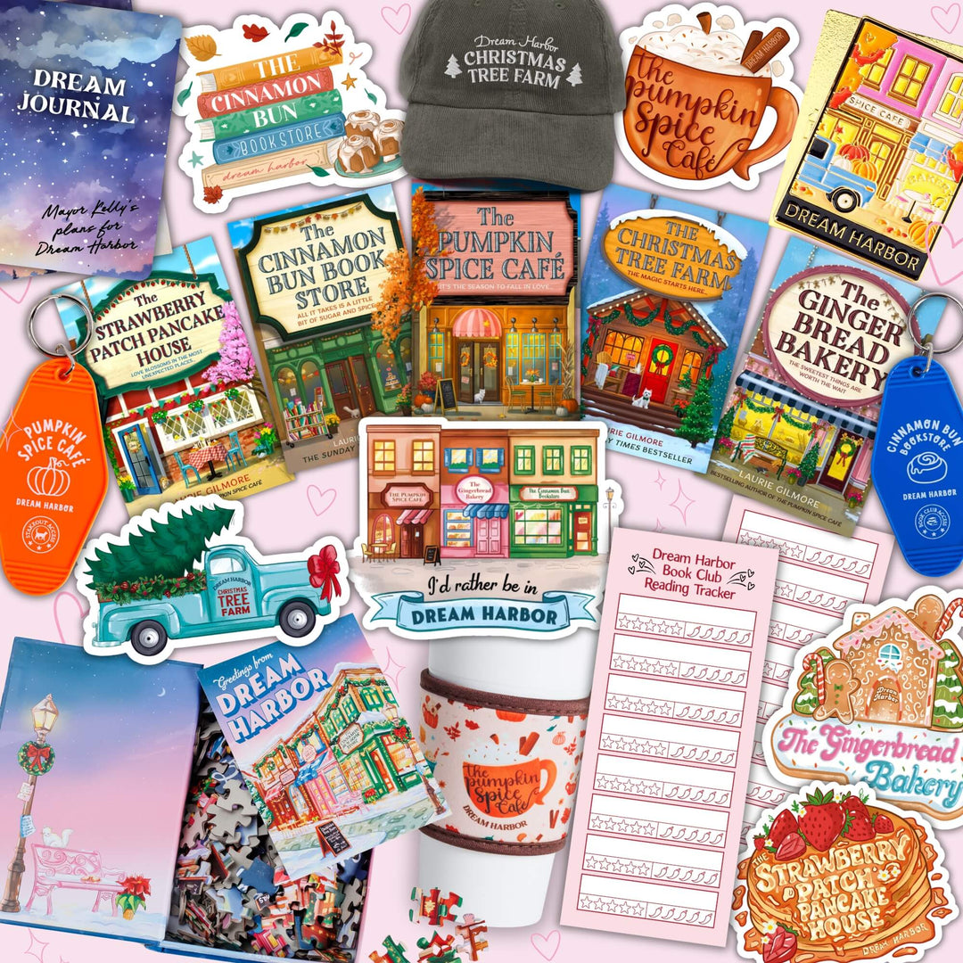 Collage of stickers and other merch featuring quotes and other moment from the Dream Harbor series, surrounding the book covers.