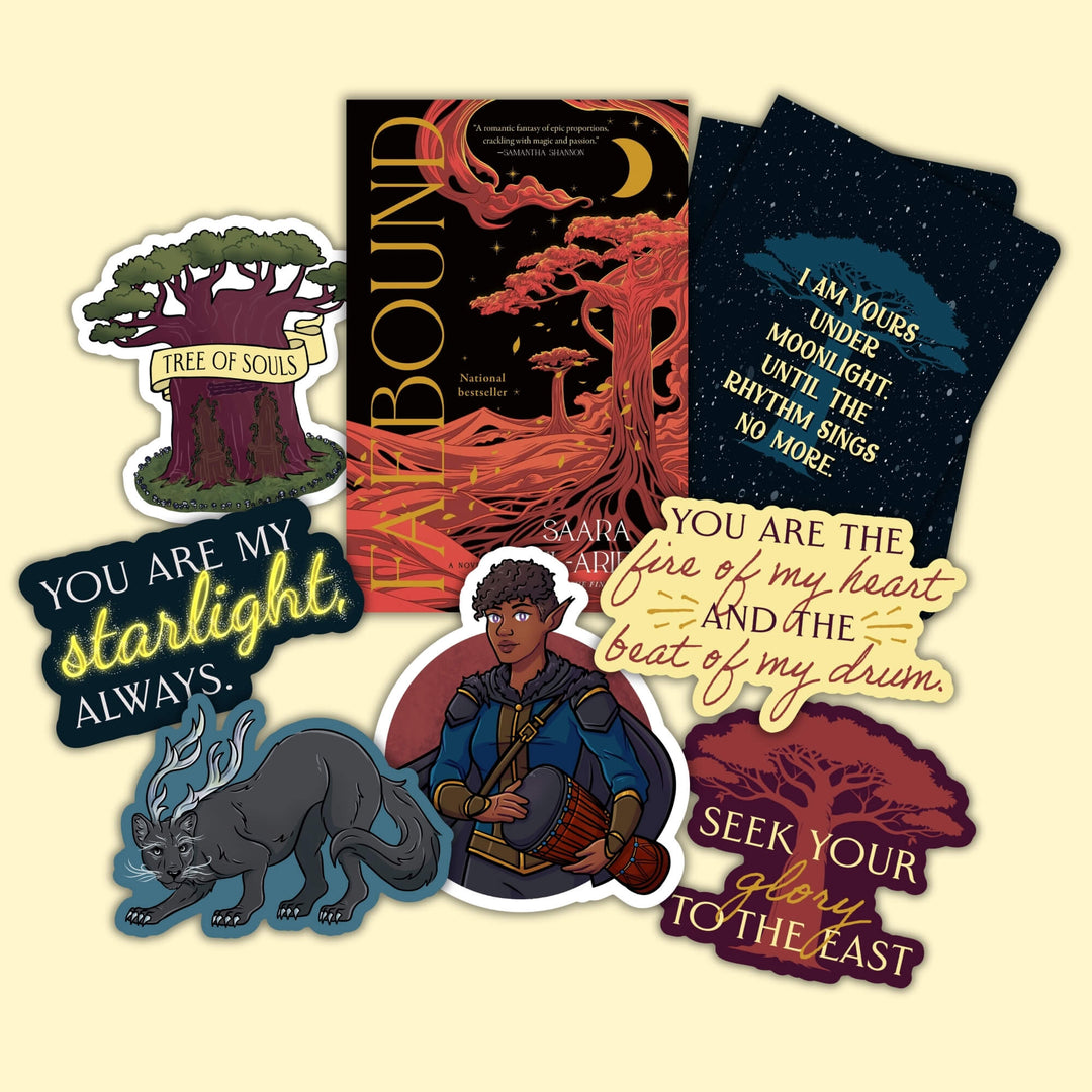 Collage of stickers and other merch featuring characters and quotes from Faebound, surrounding the book cover.