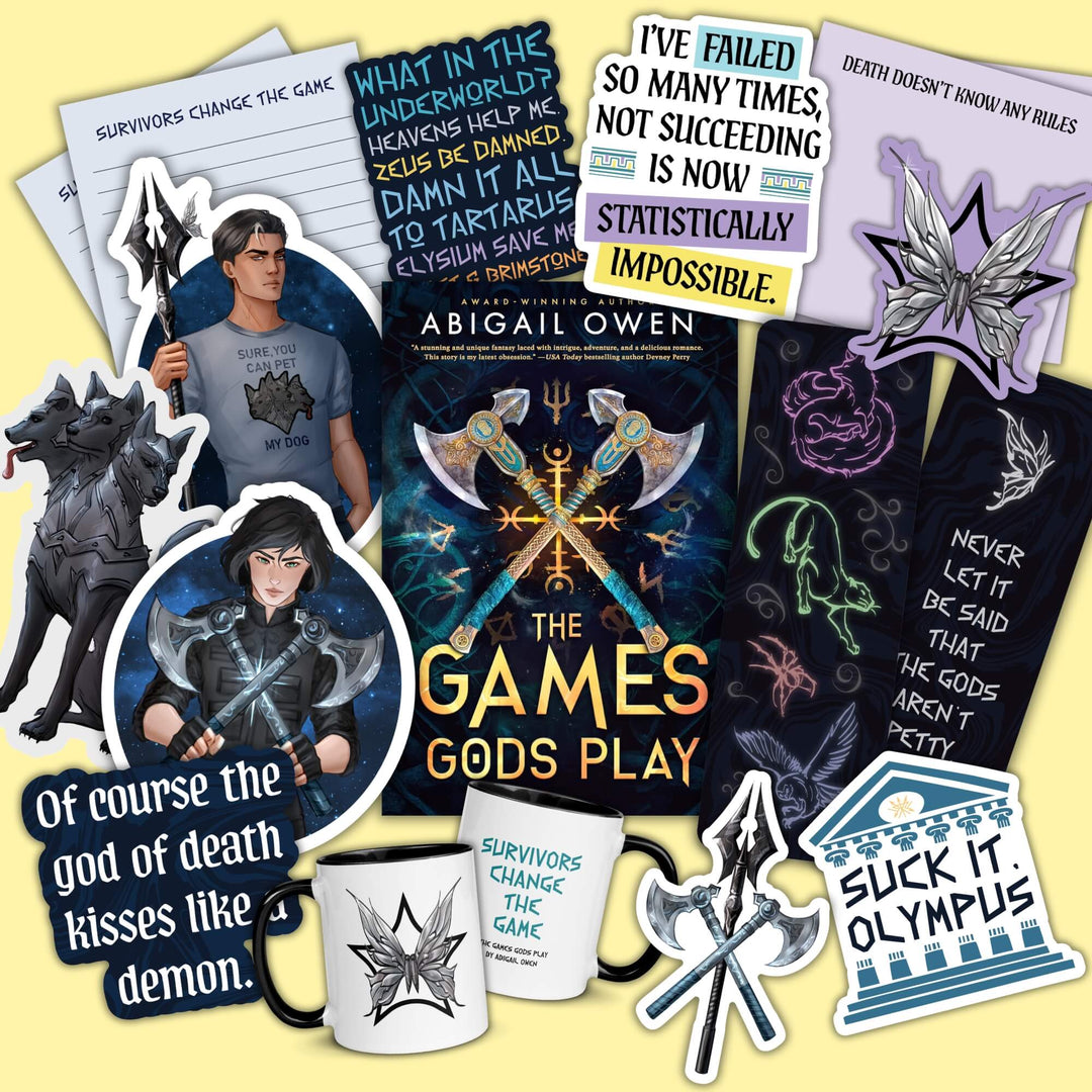 Collage of stickers and other merch featuring characters and quotes from The Games Gods Play, surrounding the book cover