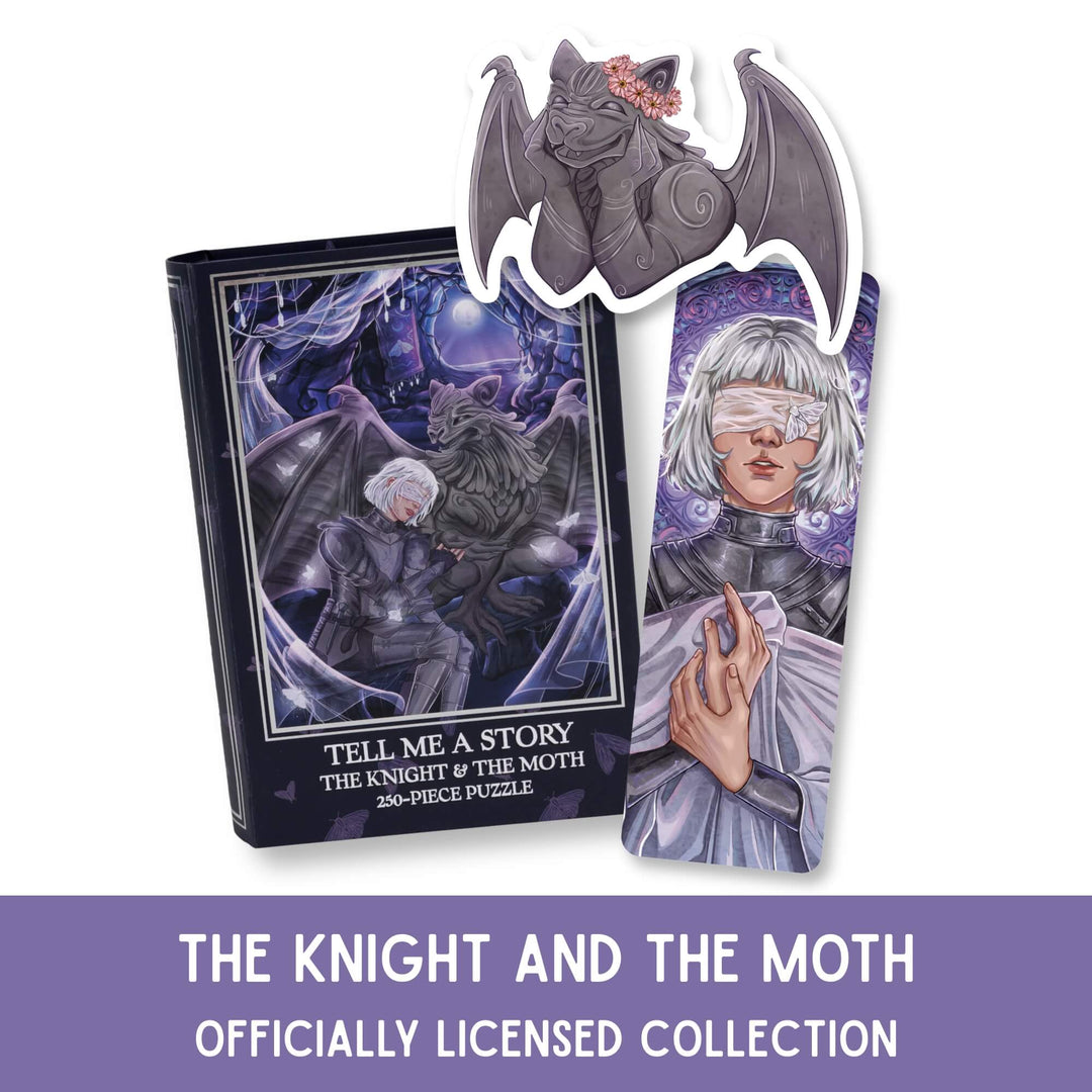 A puzzle, bookmark, and sticker featuring artwork of Sybil and Bartholomew from The Knight and the Moth Officially Licensed Collection