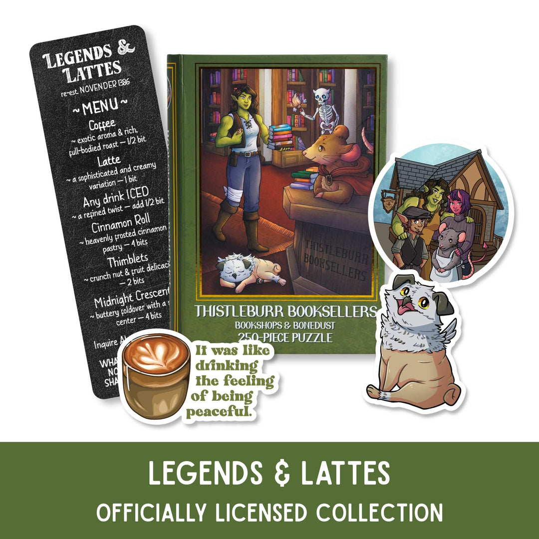 Assortment of bookish merch for Legends & Lattes Officially Licensed Collection