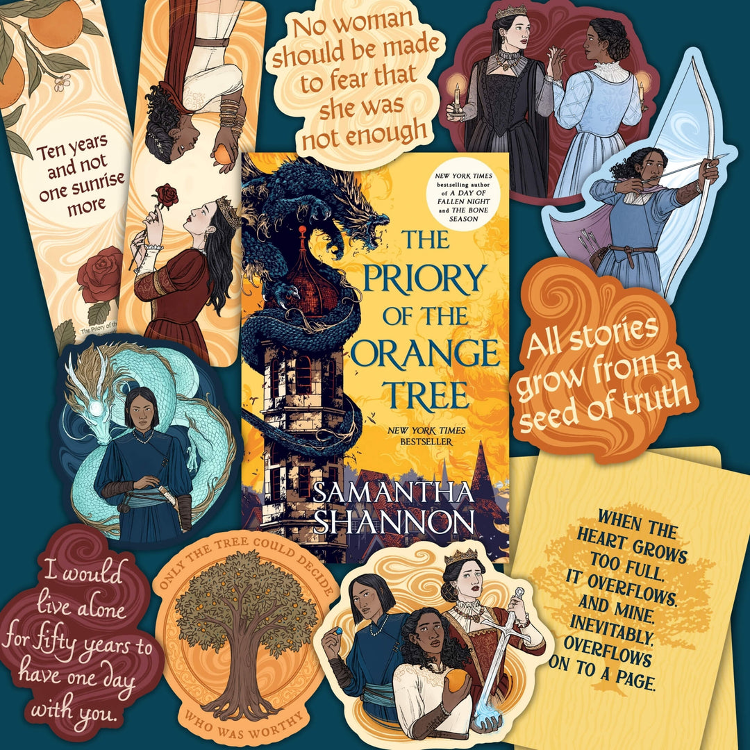Collage of stickers and other merch featuring characters and quotes from The Priory of the Orange Tree, surrounding the book cover.