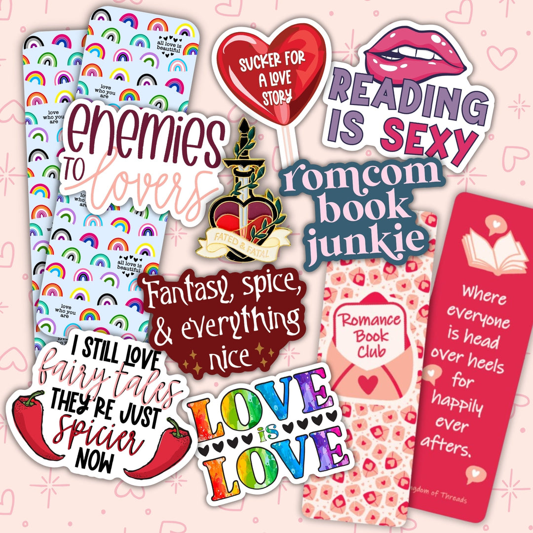 A collage of romance reader themes stickers and bookmarks on a pink background