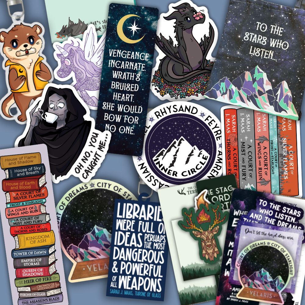 Collage of stickers and other merch featuring characters and quotes from Sarah J. Maas's books.