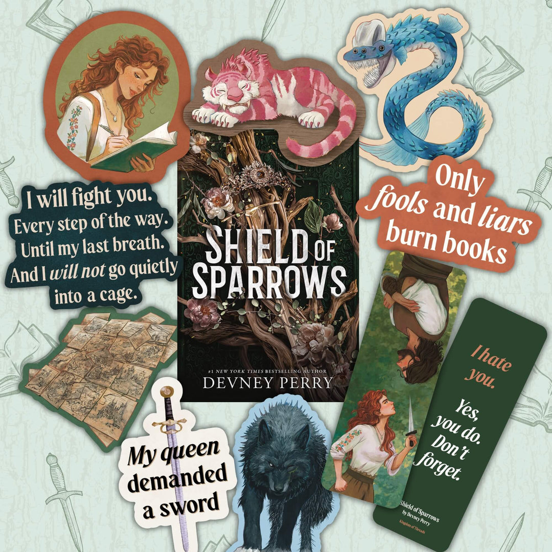 Collage of stickers and a bookmark featuring characters and quotes from Shield of Sparrows, surrounding the book cover