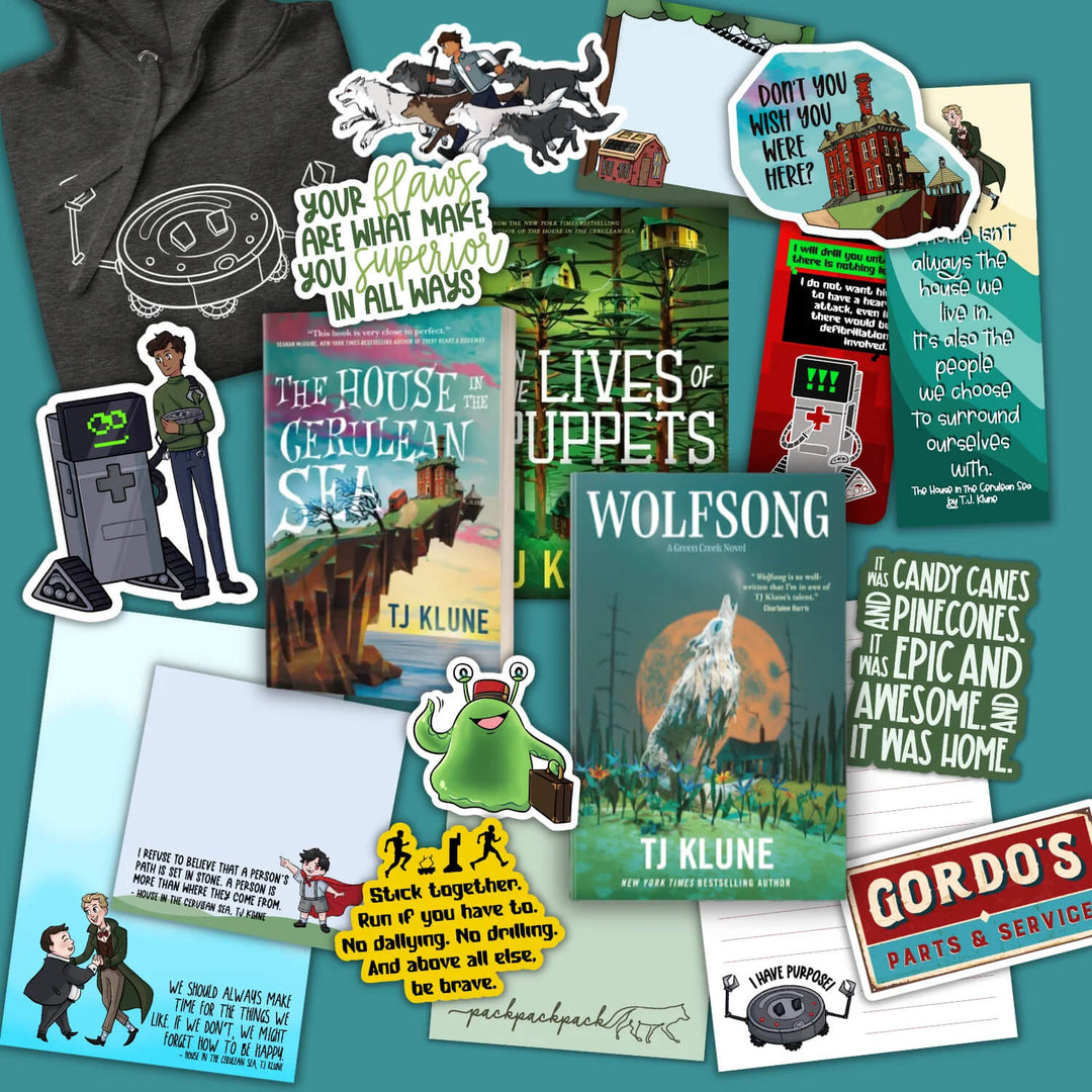 Collage of stickers and other merch featuring characters and quotes from TJ Klune's books.