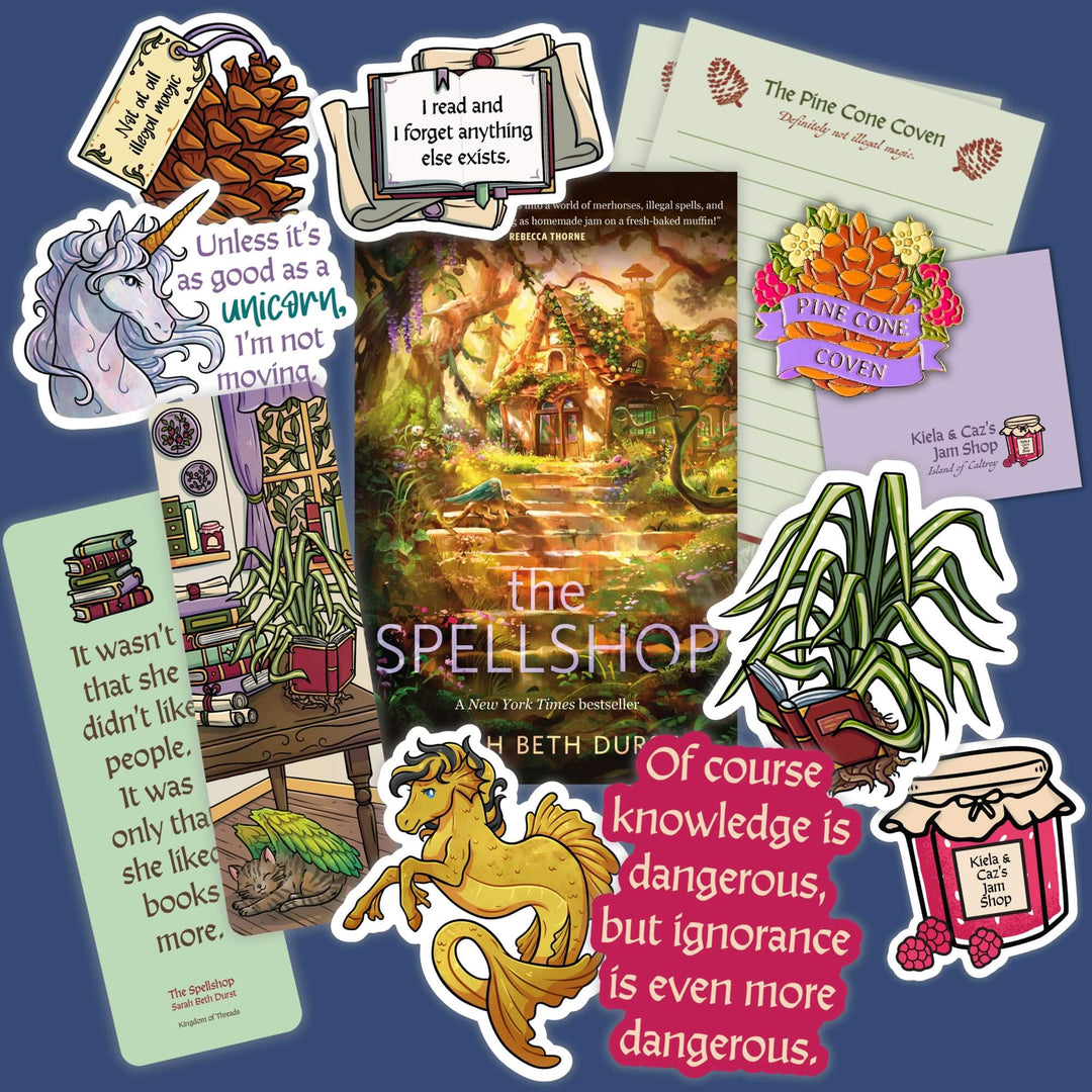 Collage of stickers and more featuring characters and quotes from The Spellshop