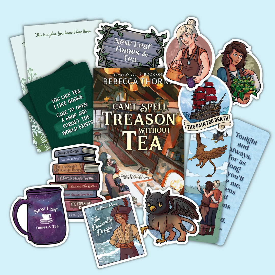 Collage of stickers and other merch featuring characters and quotes from the Tomes & Tea series.