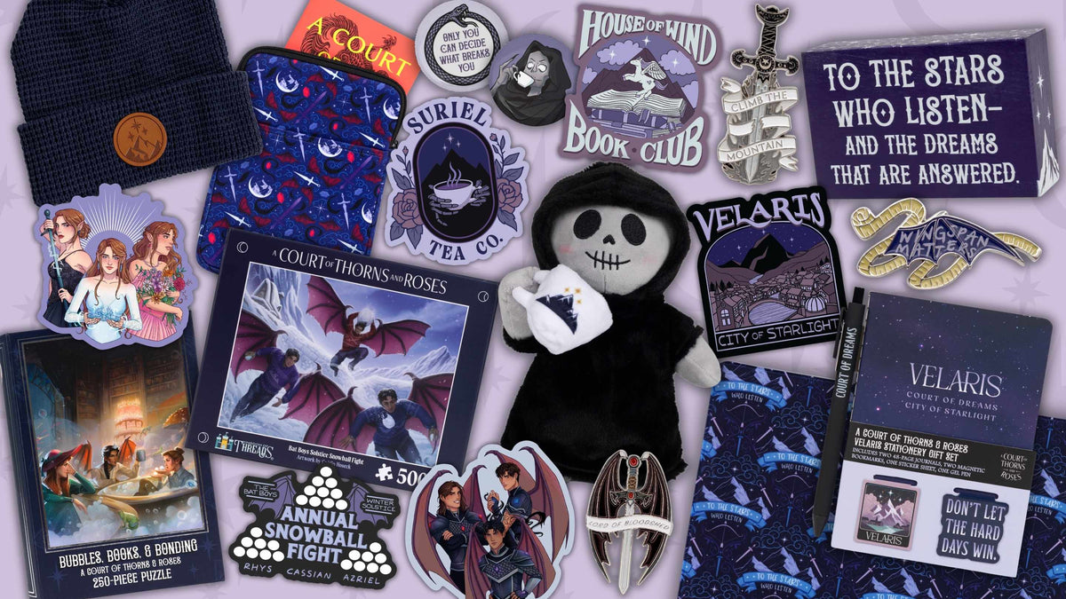 A collage of ACTOAR inspired bookish merch in shades of purple including a Sureil plushies Velaris stickers and pocket journals and puzzles.