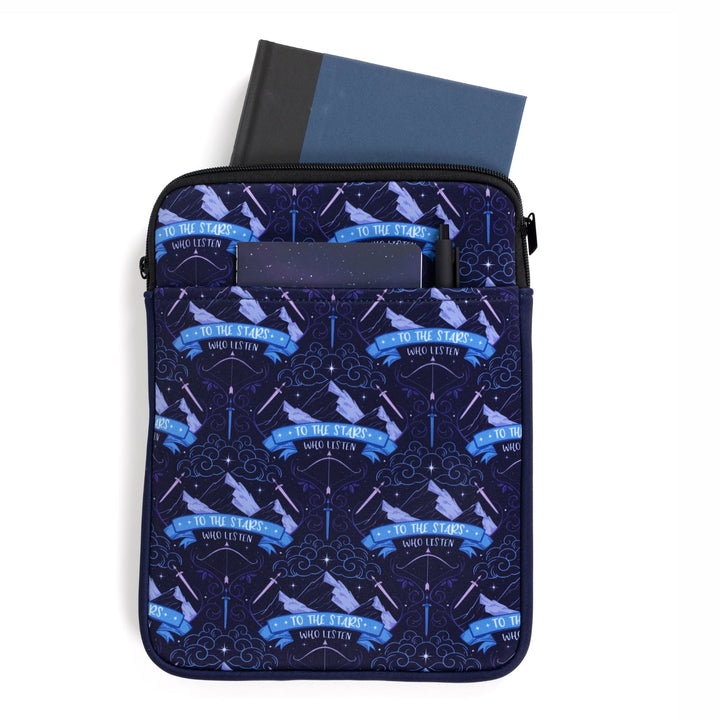 Large book sleeve with pattern of Mt. Ramiel with swords on each sidel from ACOTAR and underneath reads ‘To the star who listen.’