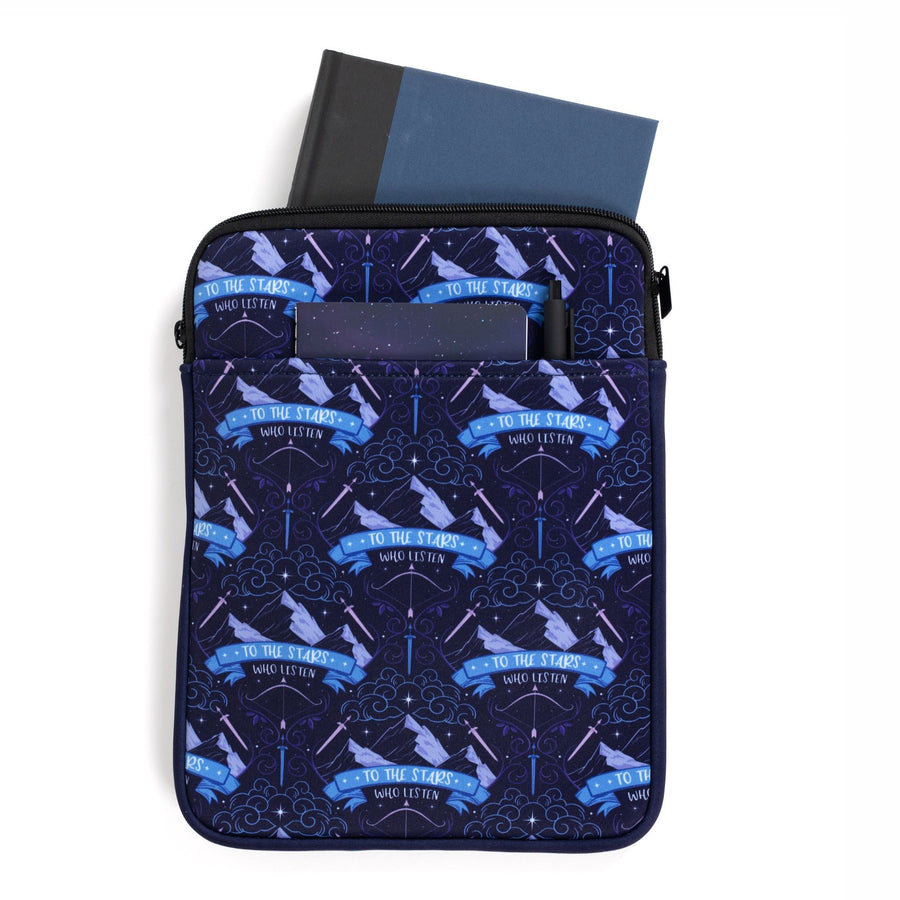 Large book sleeve with pattern of Mt. Ramiel with swords on each sidel from ACOTAR and underneath reads ‘To the star who listen.’