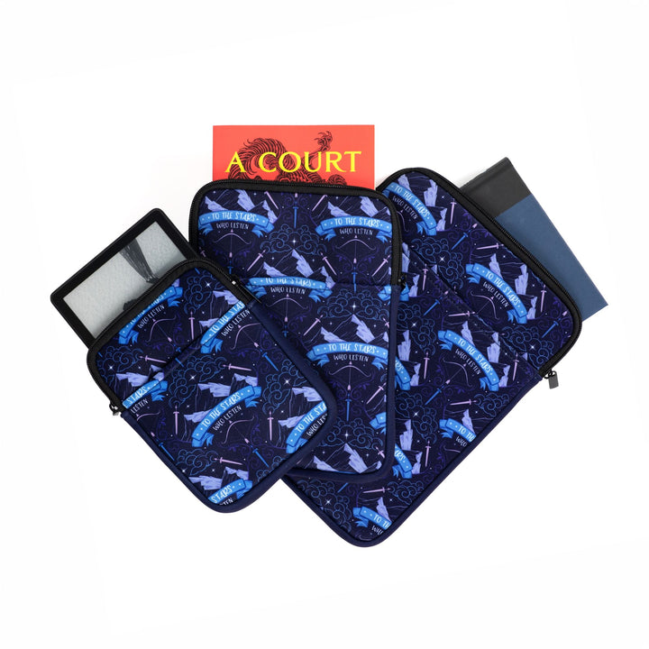 3 sizes of book sleeves, small, medium, and large fanned out with pattern of Mt. Ramiel with swords on each side from ACOTAR and underneath reads ‘To the star who listen.’