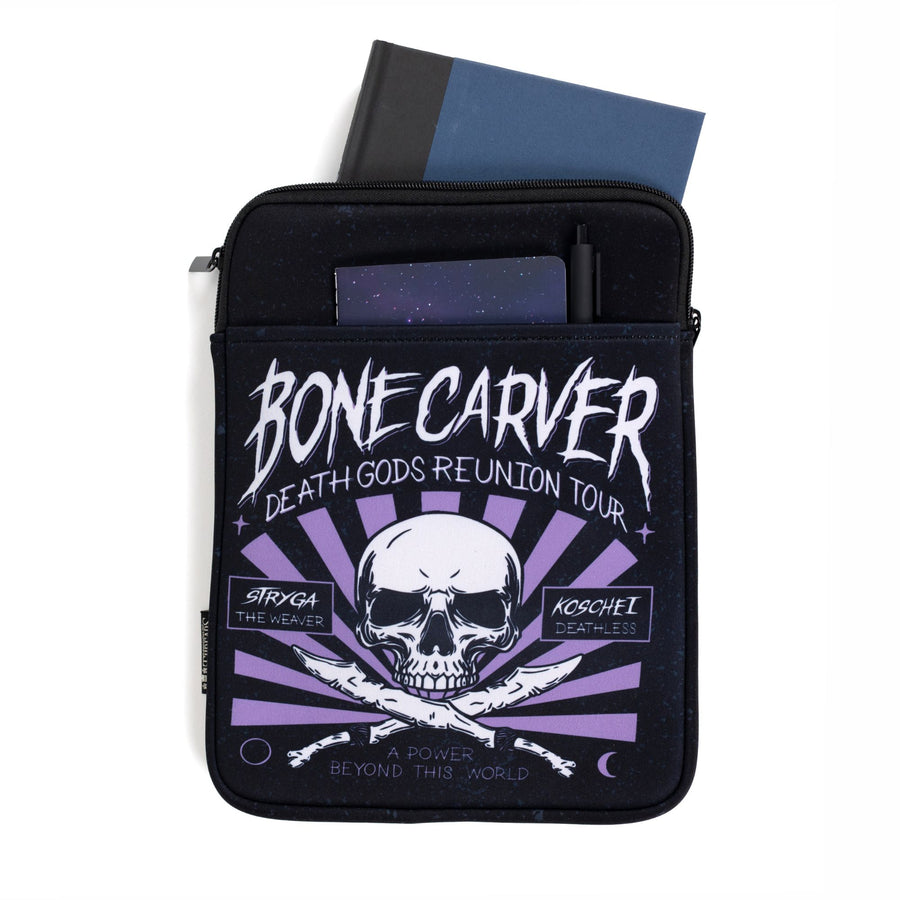 Large book sleeve with illustration that reads ‘Bonecarver Death Gods Reunion Tour, Stryga the Weaver, Koschei Deathless, a power beyond this world.’