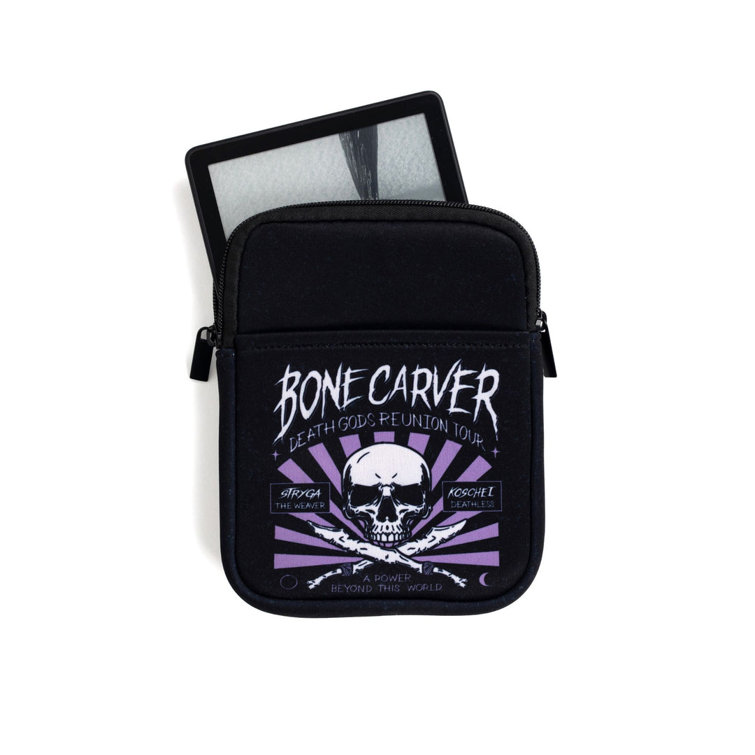 E-reader size book sleeve with illustration that reads ‘Bonecarver Death Gods Reunion Tour, Stryga the Weaver, Koschei Deathless, a power beyond this world.’