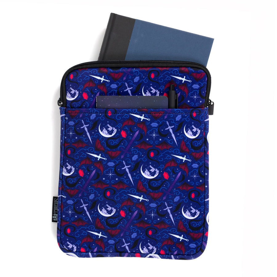 Large size book sleeve with a pattern of Mt. Ramiel, swords, daggers, runes, and bat wings, from ACOTAR by Sarah J Maas