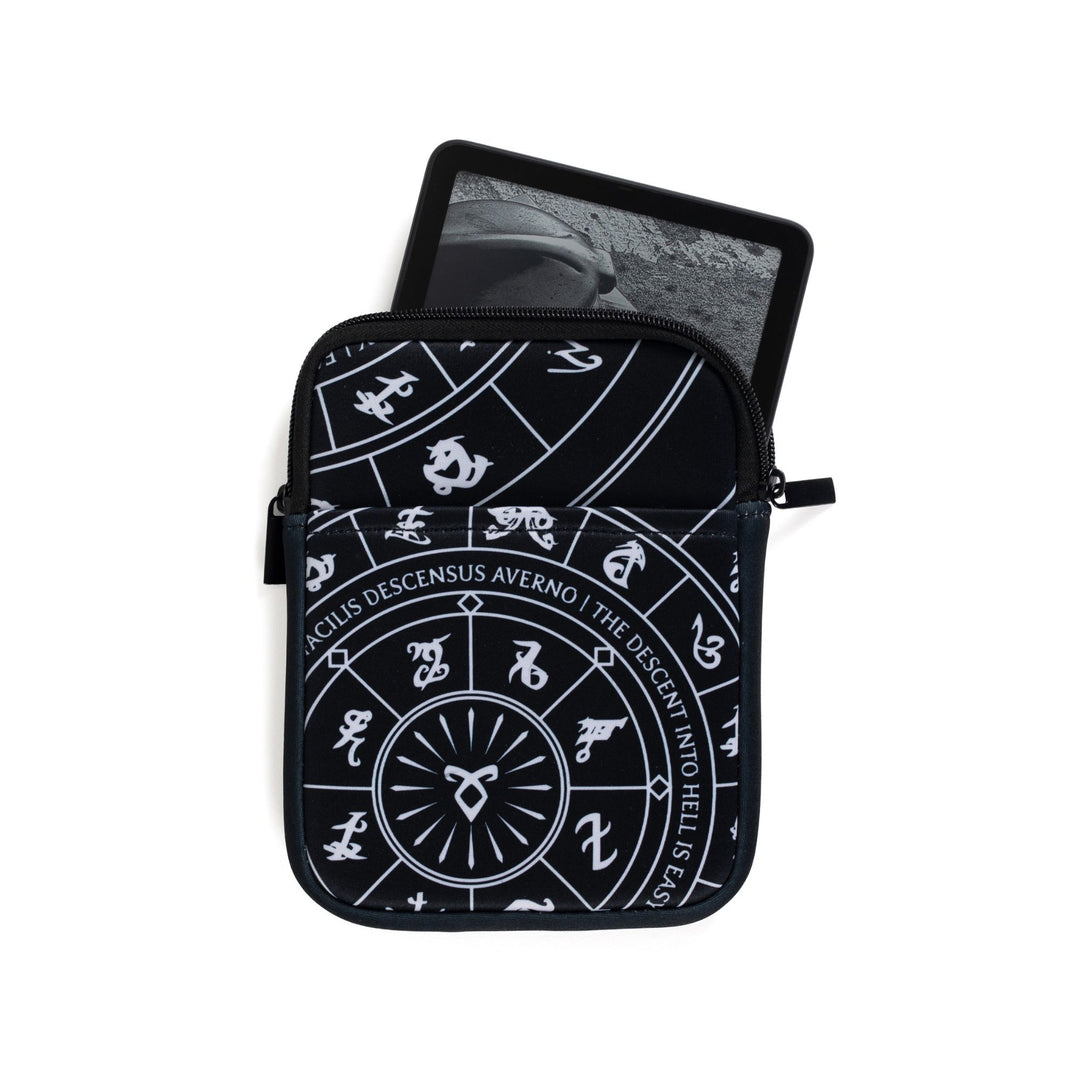 Small zippered booksleeve with black background and white Shadowhunters runes. An E-reader is sticking out.
