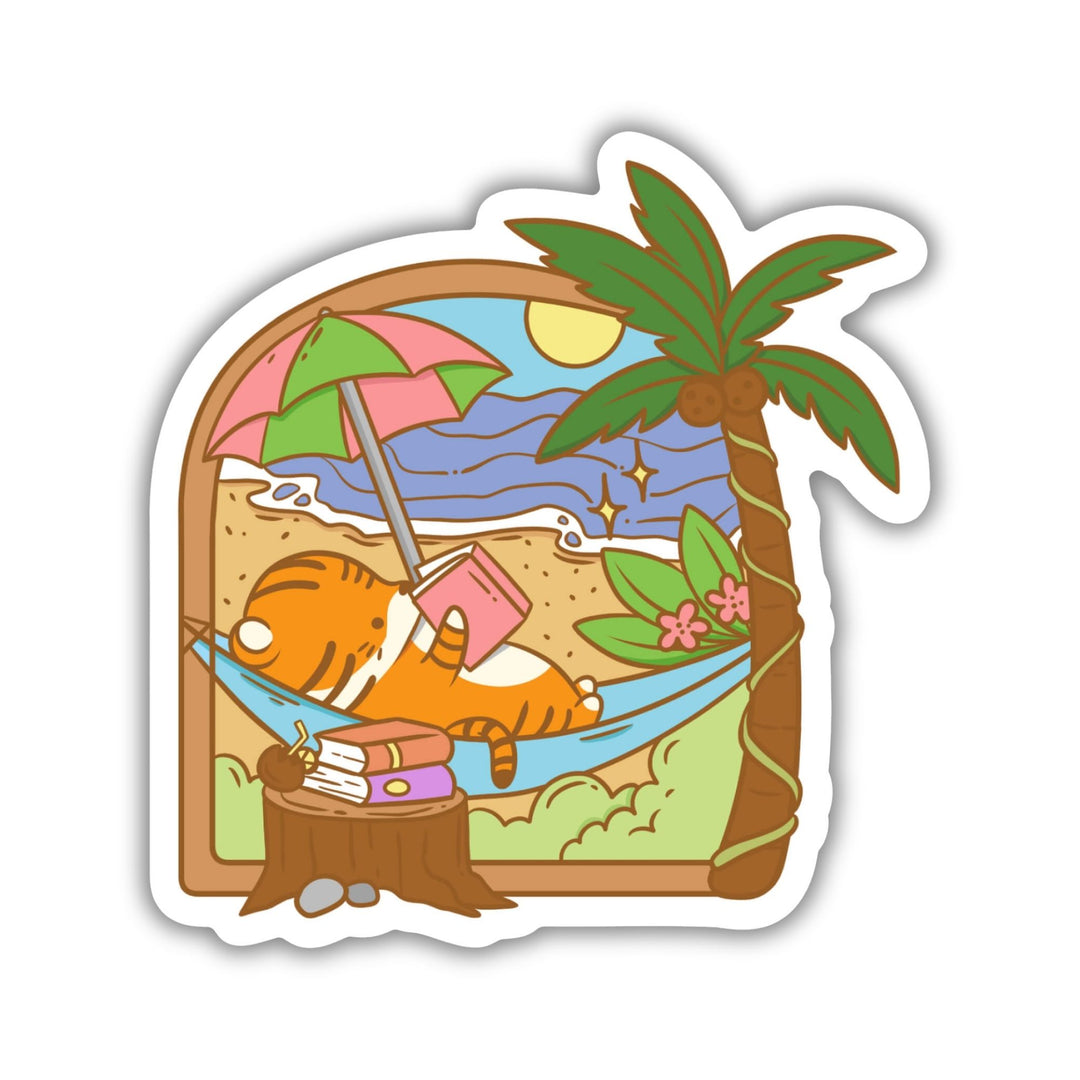 Tiger Reading on the Beach Sticker