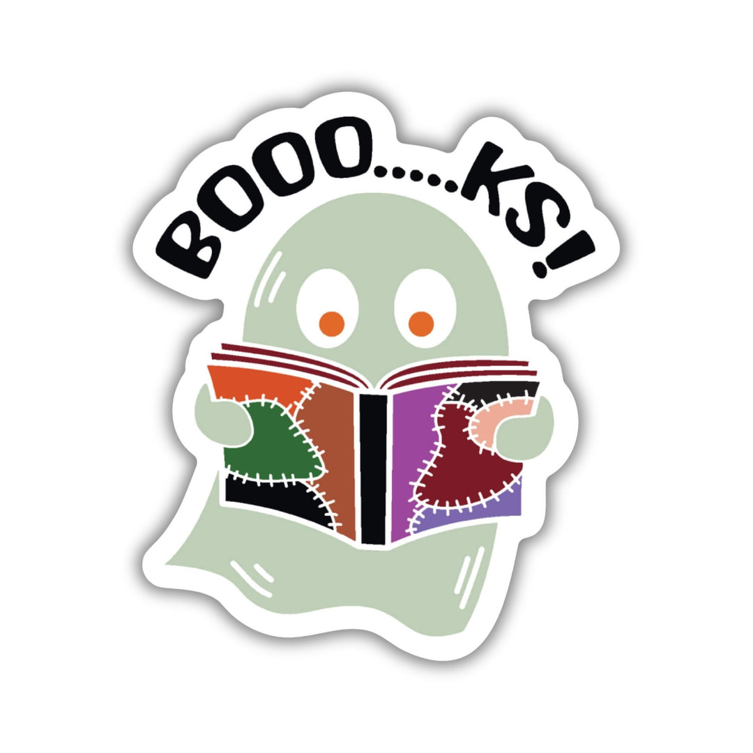 Sticker of a ghost reading a patchwork book with text above ‘boo….ks!’