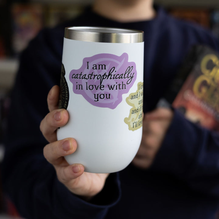 Shadowhunters quote sticker: ‘I am catastrophically in love with you’ over a wedded union rune, on a white tumbler.