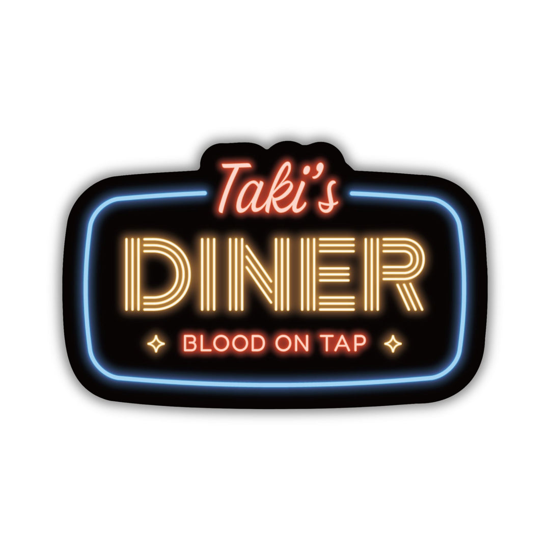 Shadowhunter’s sticker reads: ‘Taki’s Diner, blood on tap’ in the style of a neon sign.