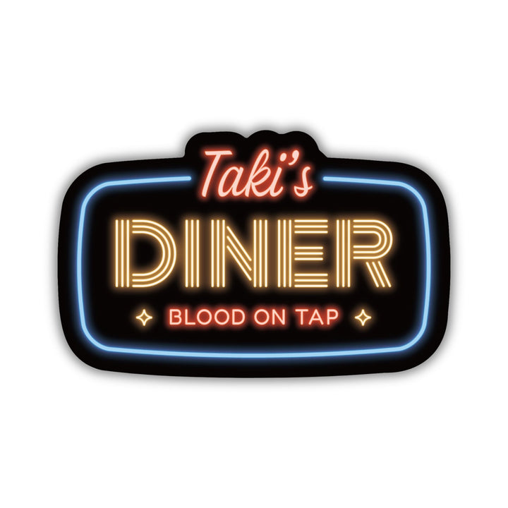Shadowhunter’s sticker reads: ‘Taki’s Diner, blood on tap’ in the style of a neon sign.