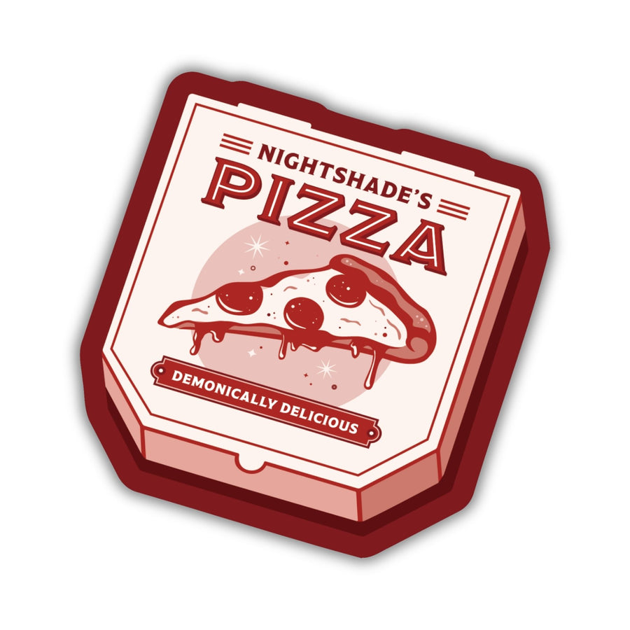 Sticker of pizza box reads ‘Nightshade’s pizza, demonically delicious’ from Shadowhunters by Cassandra Clare.
