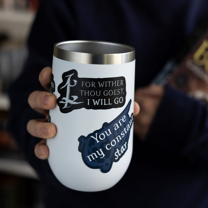 Shadowhunters quote sticker reads: ‘For wither thou goest, I will go’ with the parabatai rune, on a white tumbler.