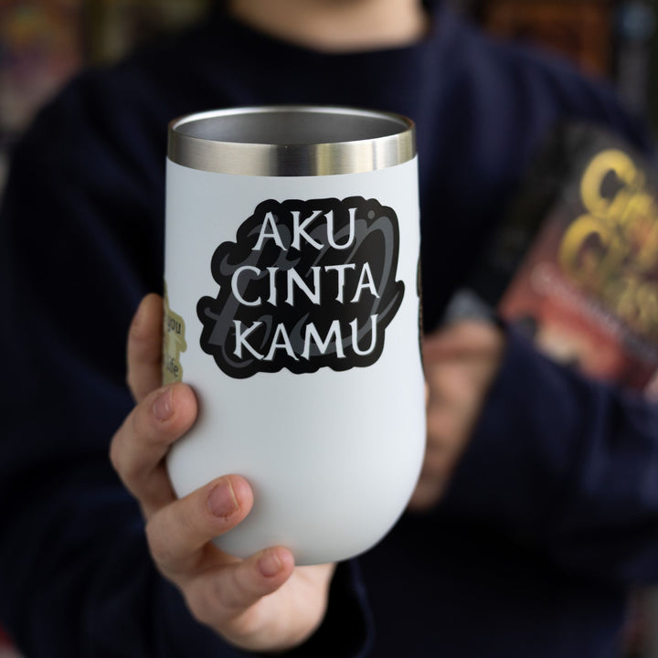 Shadowhunters quote sticker reads: ‘Aku cinta kamu’ with the bind to rune, on a white tumbler.