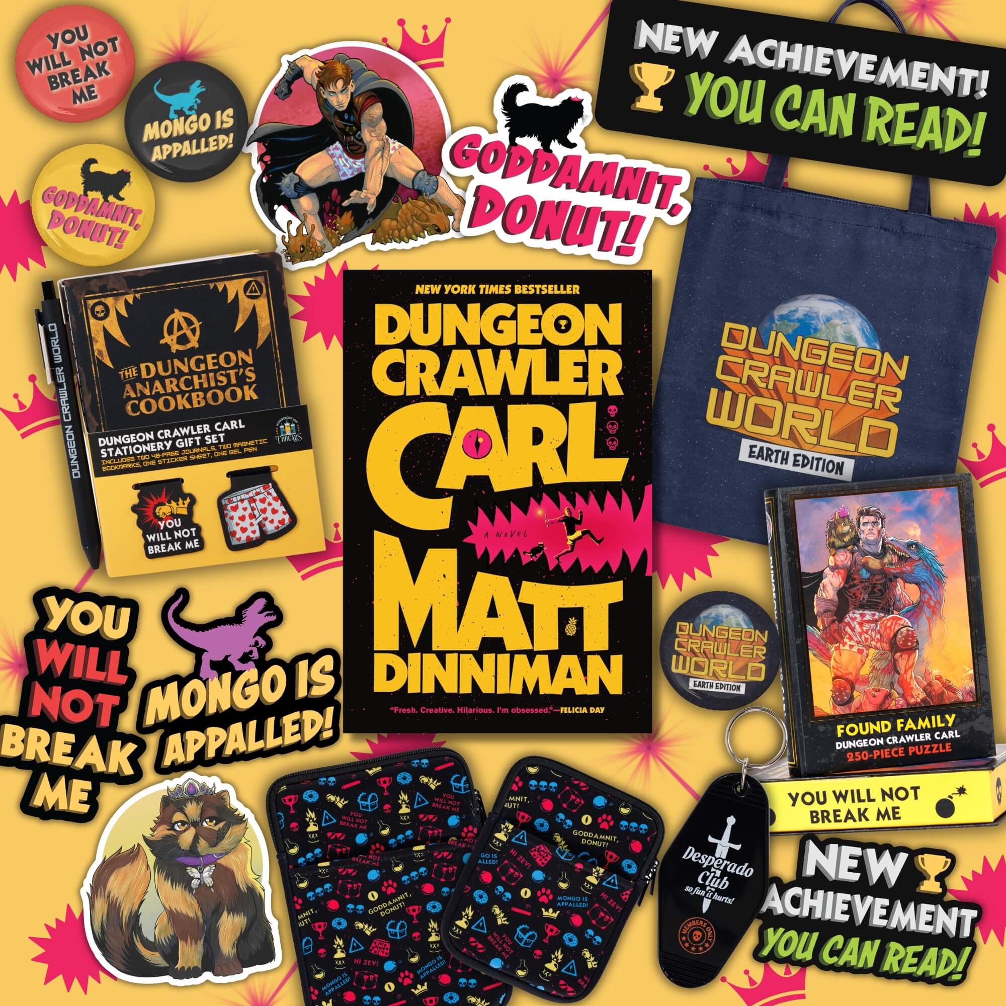 Collage of a variety of merch featuring characters and quotes from Dungeon Crawler Carl by Matt Dinniman.