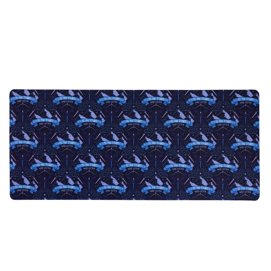 Desk mat with a pattern of Mt. Ramiel with swords on each side from ACOTAR and underneath reads ‘To the star who listen.’