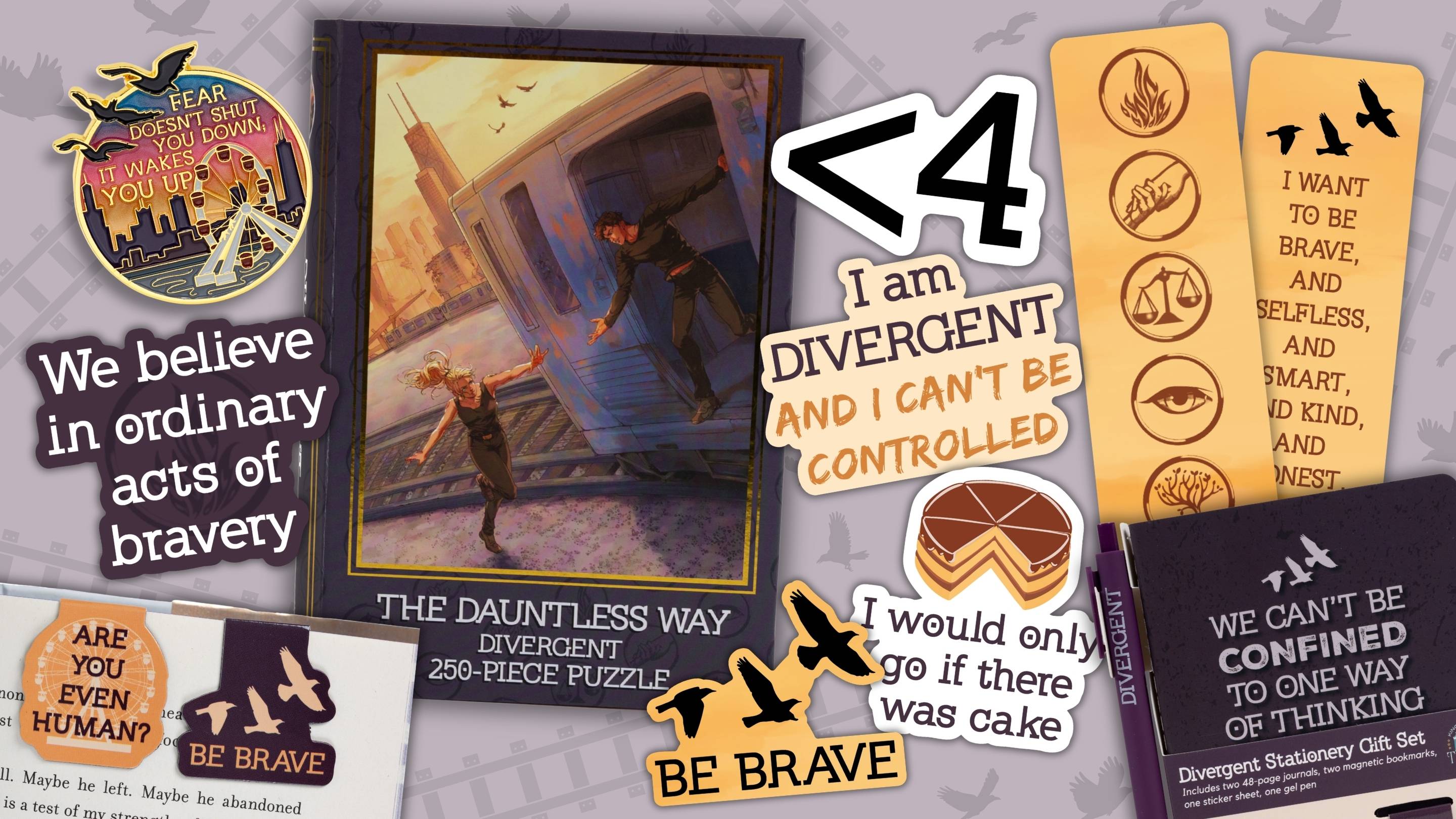 Collage of purple and yellow merch like stickers, bookmarks, and a puzzle for Veronica Roth's Divergent series.