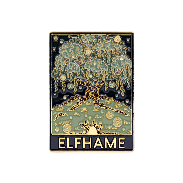 Rectangular enamel pin of Elfhame Palace that reads ‘Elfhame’ in gold metal. From The Cruel Prince.