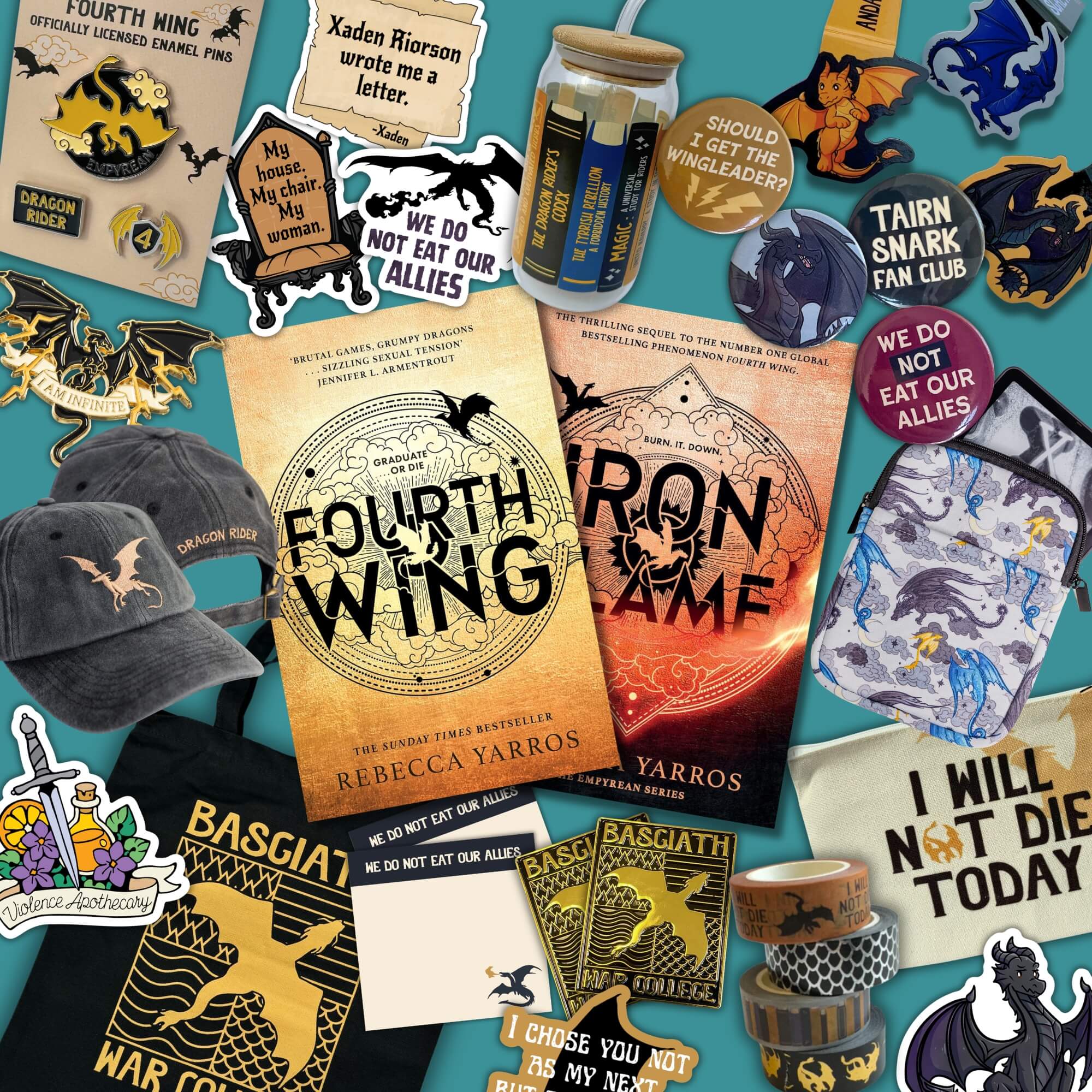 Collage of various merchandise featuring characters and quotes from Fourth Wing, surrounding the book covers