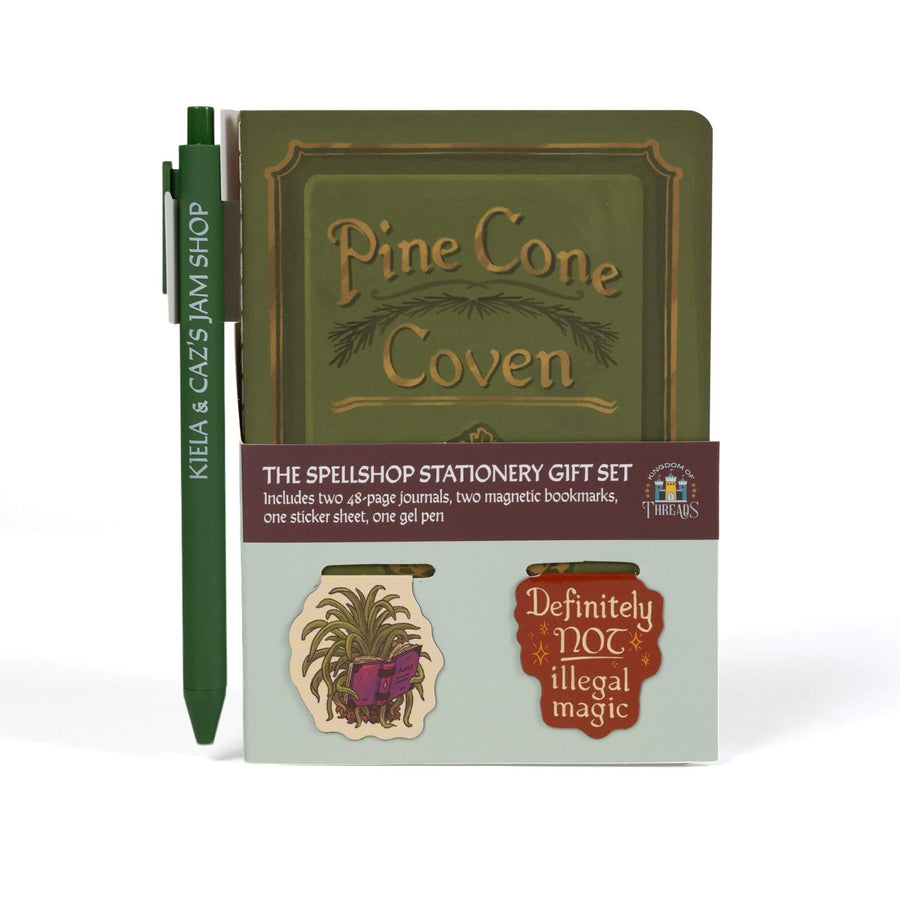Boxed gift set: “Pine Cone Coven” A6 journal & pen with 2 magnetic bookmarks: Caz the spider plant & “Definitely NOT illegal magic.” 