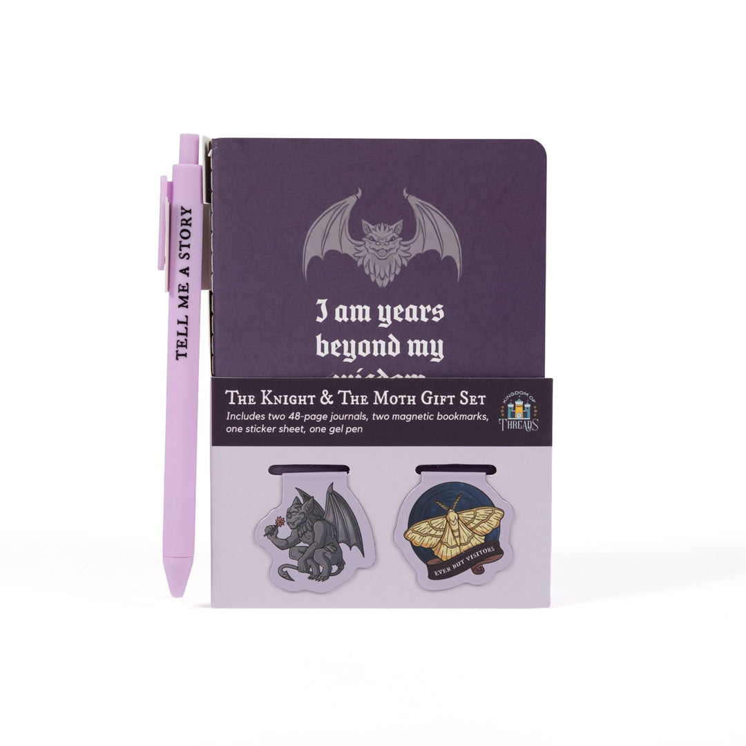 Boxed gift set: 'I am years beyond my wisdom' A6 journal & pen with 2 magnetic bookmarks: Moth with ‘Ever But Visitors’ & Bartholomew with a rose.
