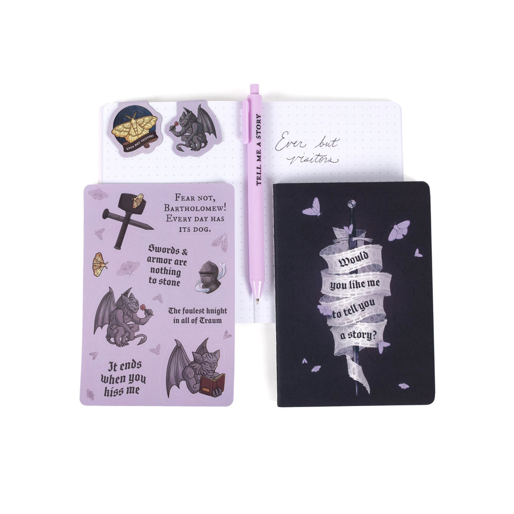 Gift set opened: Dot grid A6 journal open with pen, moth with ‘Ever But Visitors’ & Bartholomew with a rose magnetic bookmarks, Knight & the Moth sticker sheet, A6 dark purple journal with a sword.