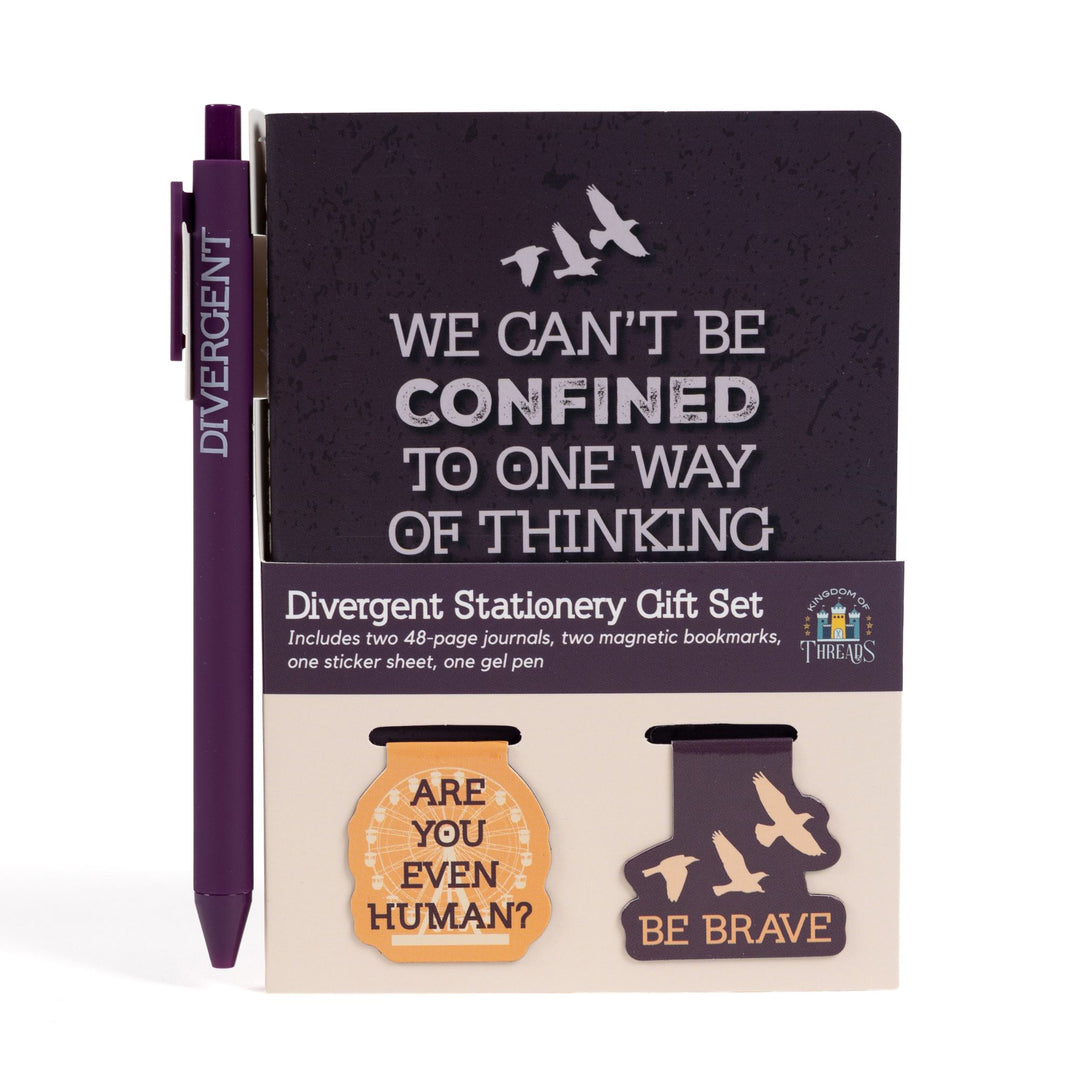 Boxed gift set: Purple 'We can’t be confined to one way of thinking' A6 journal & pen with 2 magnetic bookmarks: ‘Be brave’ & 'Are you even human?' over a Ferris wheel.