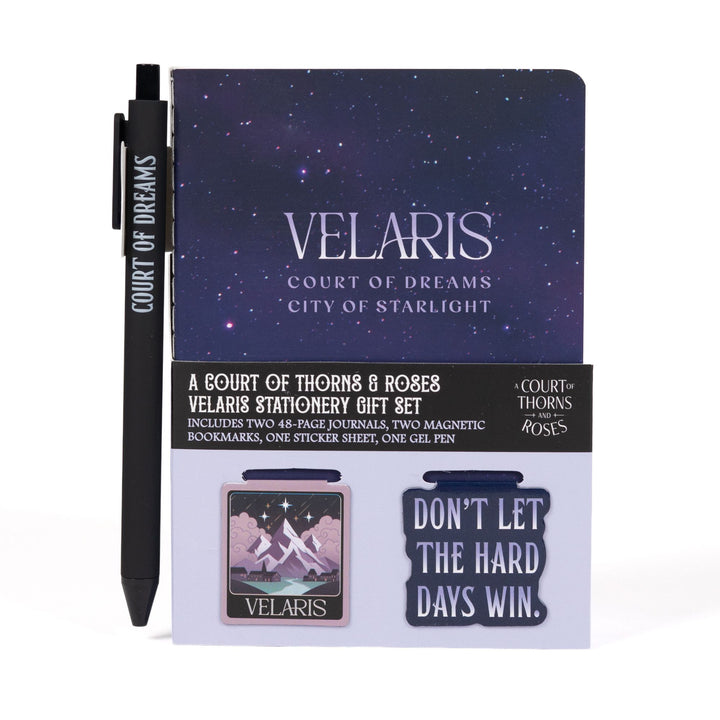  Boxed gift set: 'Velaris' A6 journal & pen with 2 magnetic bookmarks: ‘Velaris Court of Dreams, City of Starlight.’
