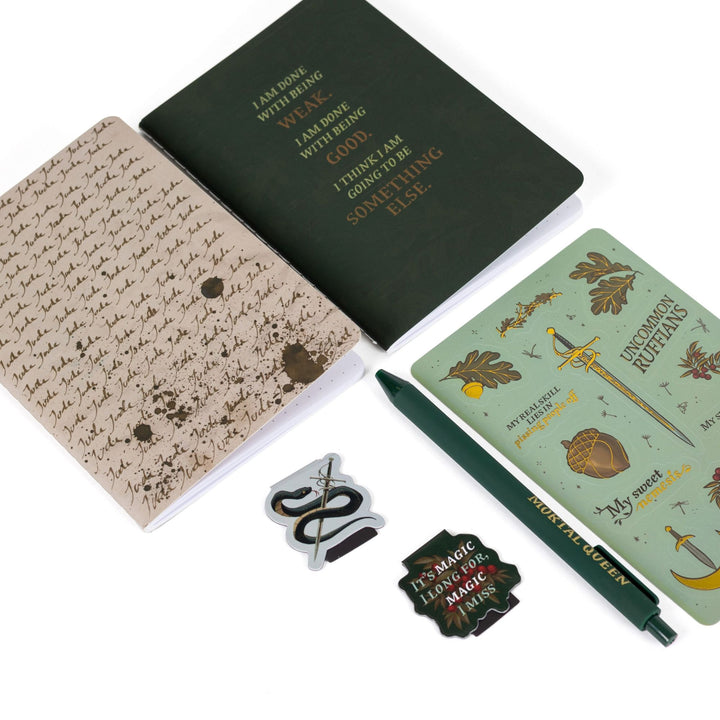 Gift set laid out: A6 ‘Jude Jude Jude’ and green ‘I am done being weak’ journals, The Cruel Prince sticker sheet, Serpent King Cardan & 'It’s magic I long for, magic I miss’ magnetic bookmarks green pen.
