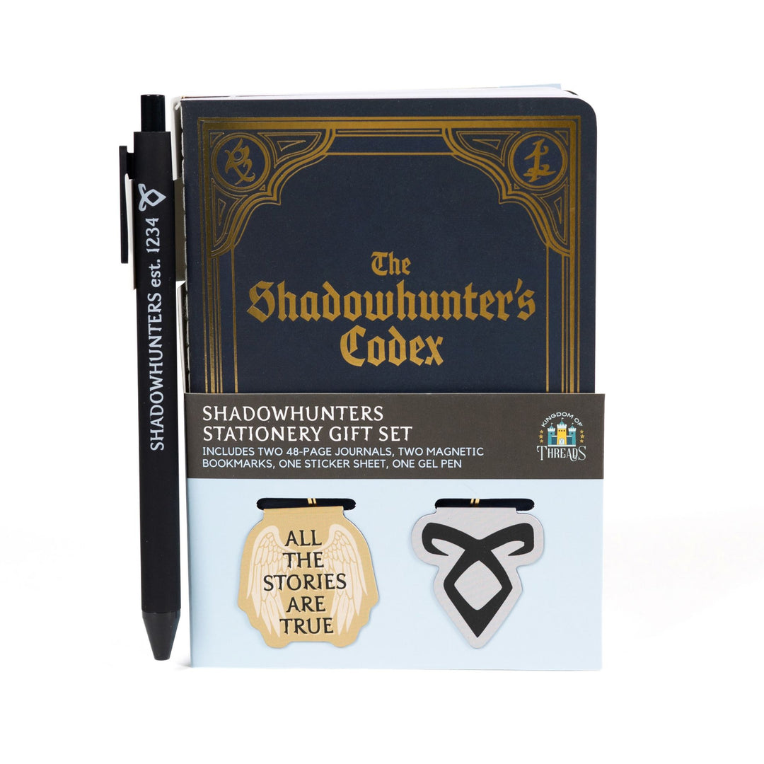  Boxed gift set: 'The Shadowhunters Codex' A6 journal & pen with 2 magnetic bookmarks: ‘All the stories are true’ & Enkeli rune 
