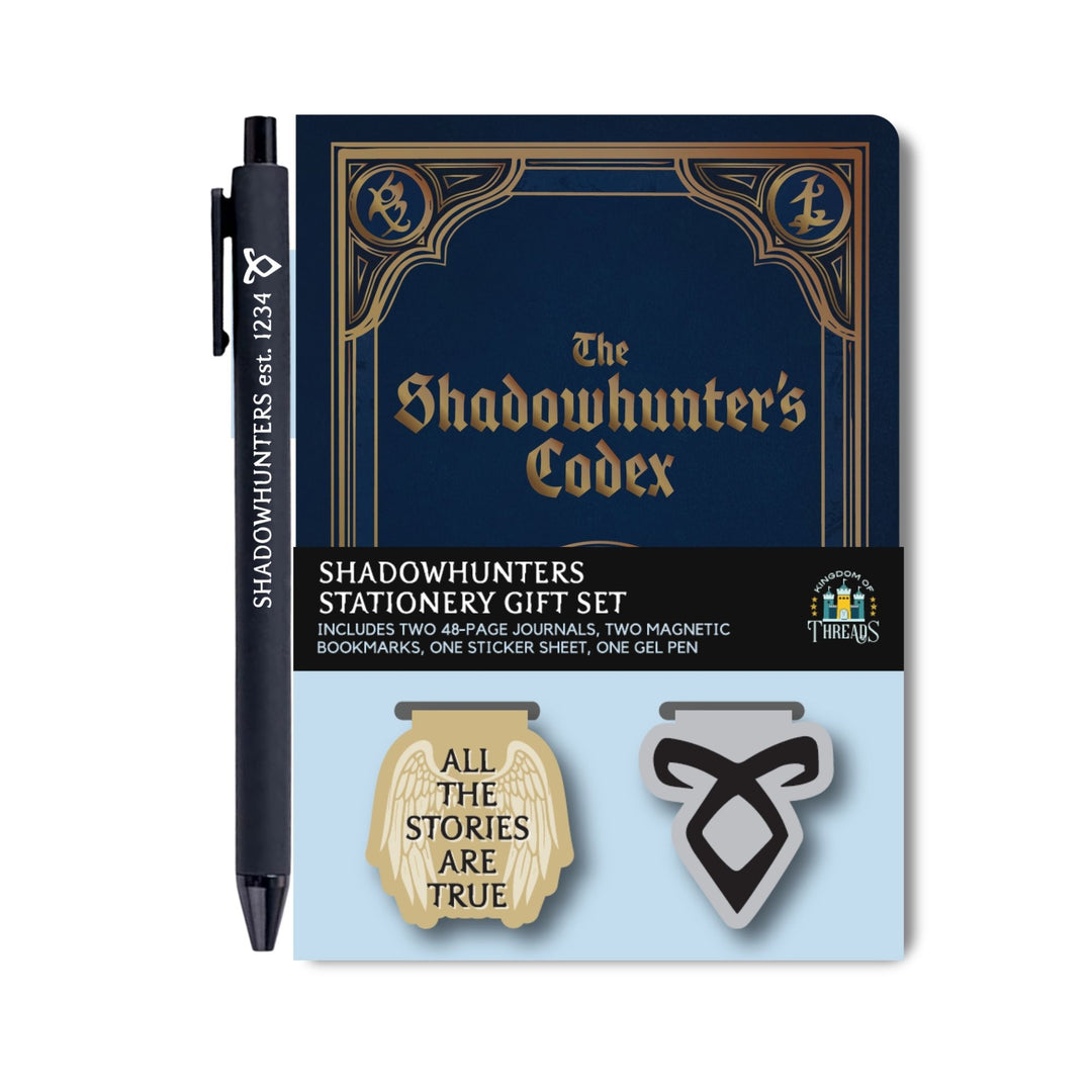  Boxed gift set: 'The Shadowhunters Codex' A6 journal & pen with 2 magnetic bookmarks: ‘All the stories are true’ & Enkeli rune 
